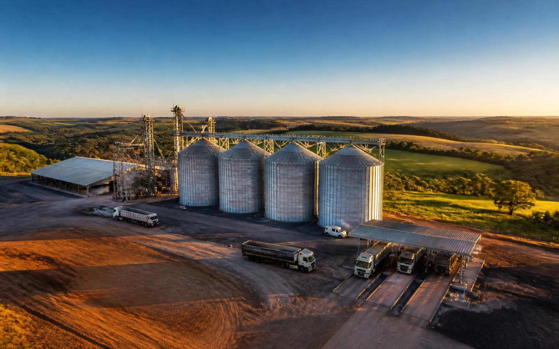 Estrutura de silos da Cereponta ao entardecer, na BR-376